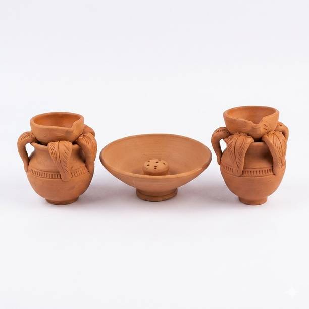 ChellaCart Kalasam Diya and Incense Holder Terracotta (Pack of 3) Table Diya Set
