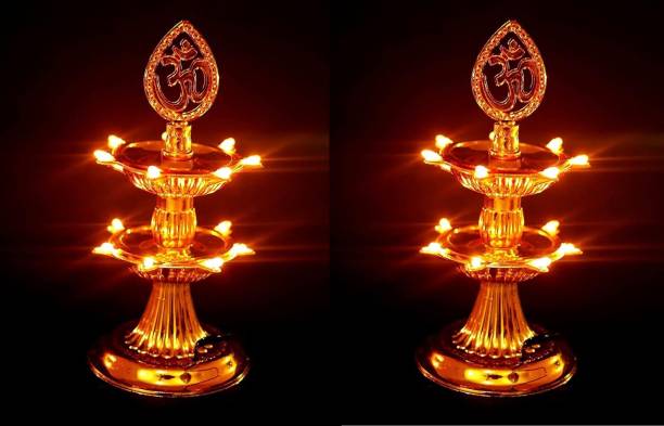 D.V TECH 2 Layer Electric Gold LED Bulb Light Diya for Pooja/Mandir Diwali Festival Decor Cast Iron (Pack of 2) Table Diya Set