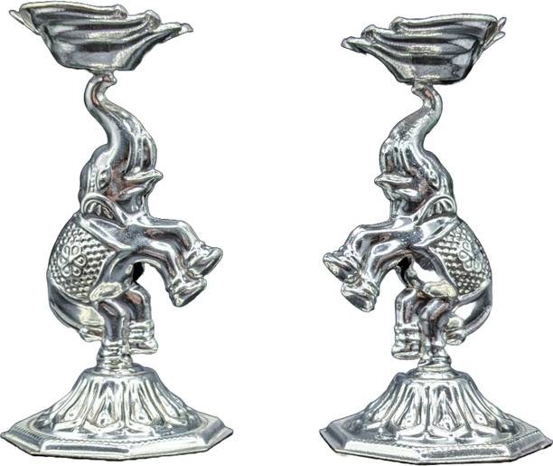 Varalakshmi German Silver Elephant diya For pooja 4Inches Silver Plated (Pack of 2) Table Diya Set