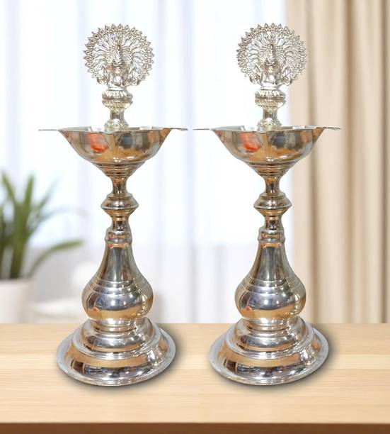 Sigaram German Silver 10 Inch Peacock Handle Plain Diya for Home Pooja Décor K4732 Silver Plated (Pack of 2) Table Diya Set