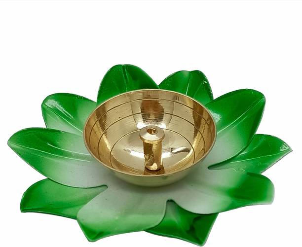 Vintageware Brass Lotus Shape Deepak Akhand Diya for Puja In-Home & Office (Green) Brass, Iron Table Diya