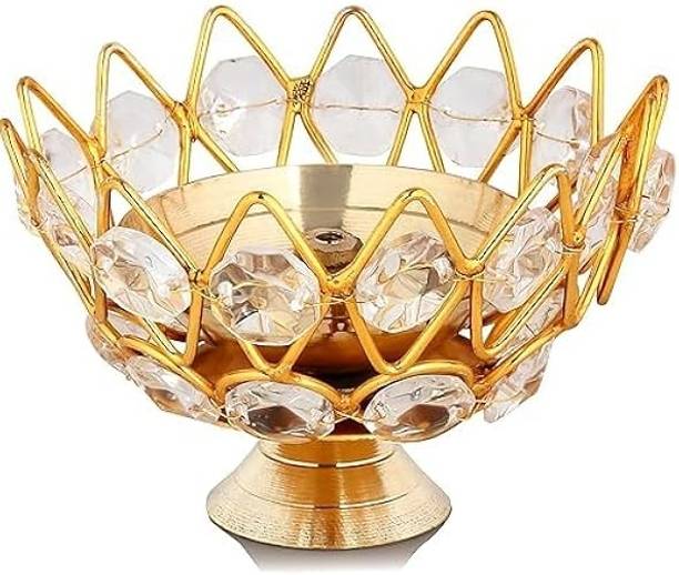 Rudrakashi 4 x 3 Inch Crystal Metal Diya Holder with Gold Finish Stainless Steel, Steel Table Diya Set