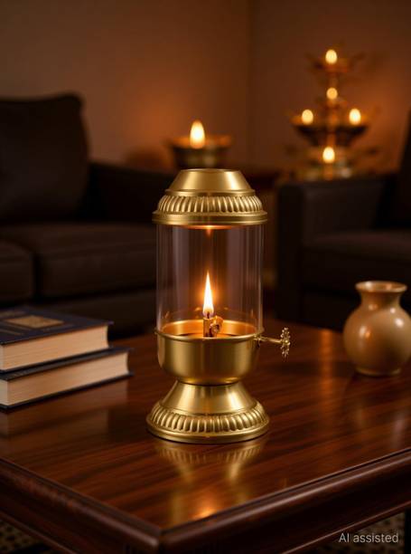 homesy creation Luxury Handcrafted Metal Akhand Jyoti Diya with Glass Chimney Iron Table Diya