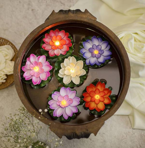 CW Crafts World Lotus Flowers Water Sensor Floating Smokeless Candles Silicone (Pack of 6) Table Diya Set