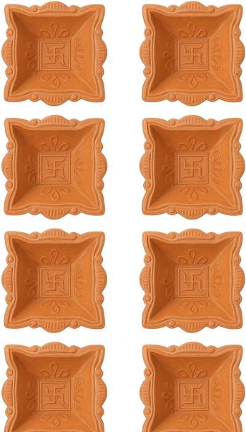 asrana Eco friendly Diya, Eco friendly square Diya, Diya for Diwali, Earthenware (Pack of 8) Table Diya Set