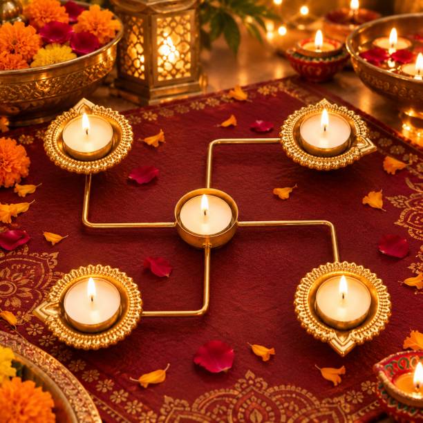 ASDM Golden Metal swastik Diya Holder Set for Diwali Pooja Home Table Decor Iron Table Diya Set