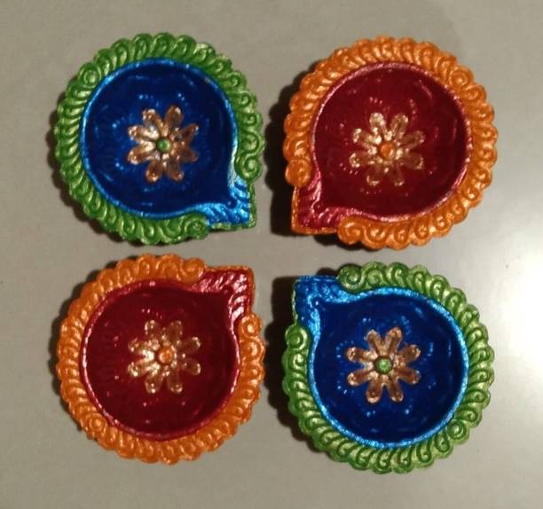 JayDeep Arts Elegant Hand Painted Designer Diya for Diwali | Gifting | Festive | Clay | Terracotta (Pack of 4) Table Diya Set
