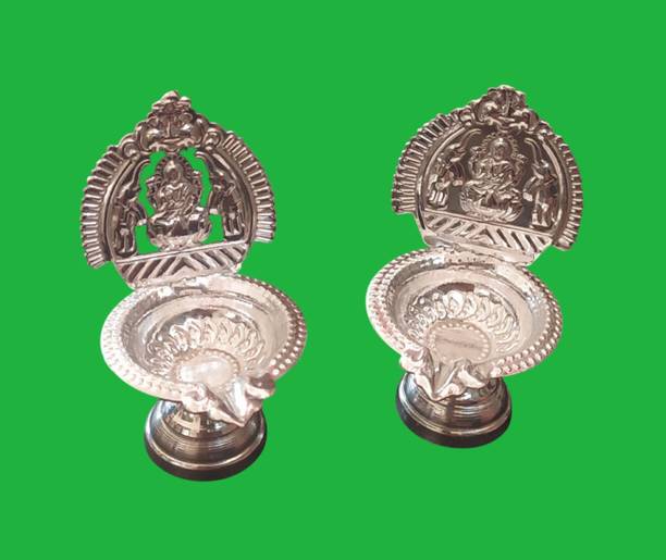 SujArta Gaja Lakshmi Kamakshi Deepam / Diya / Deepa, Set of 2 Silver Plated (Pack of 2) Table Diya Set