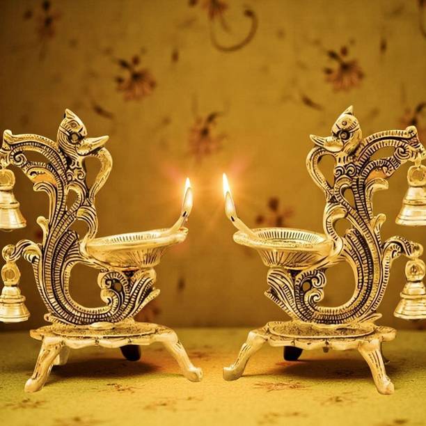 LAXA Golden Metal Peacock Design Diya (Set of 2) for Diwali and Festivals Aluminium (Pack of 2) Table Diya Set