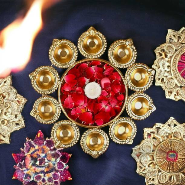 HTI Decorative Metal Diya Traditional Lotus Urli Tealight Holder Golden (Pack of 1) Iron Table Diya