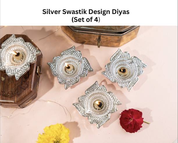 Decorkrafts Pretty Silver Swastik Design Diyas (Set of 4) Earthenware (Pack of 4) Table Diya Set