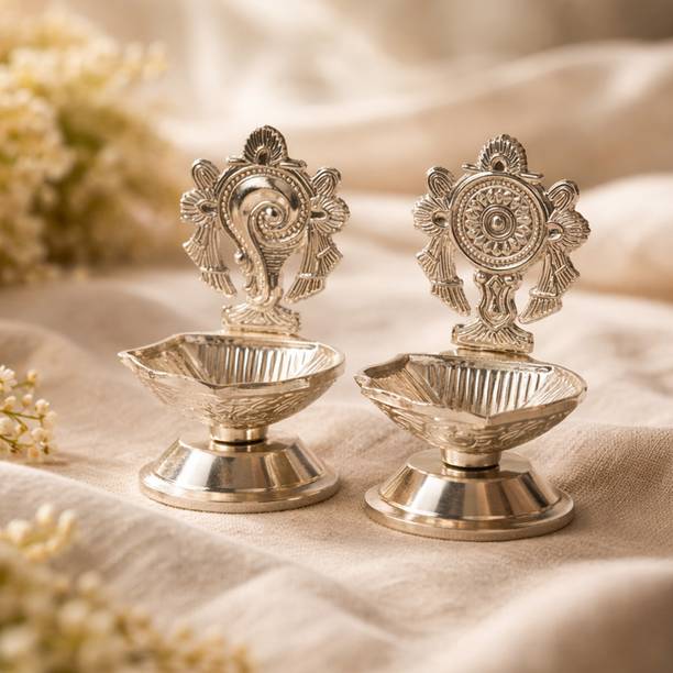 POSHIFY G.S Shanku Chakra Diya Pair | Handcrafted Puja Deepam | Traditional Home Decor Aluminium (Pack of 2) Table Diya Set