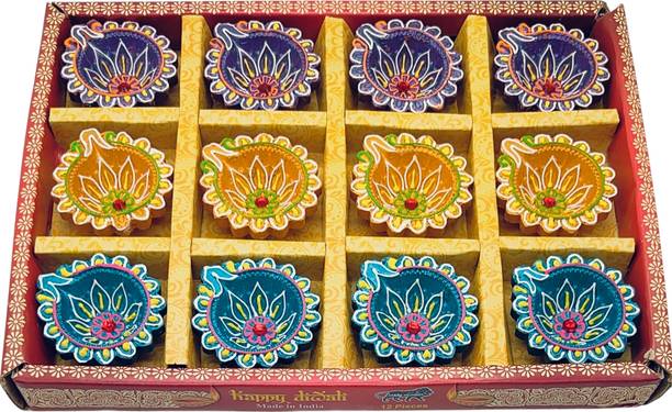 SONKARS Pack of 12 | Non-Wax Joyous & Devotional Brilliance Terracotta (Pack of 12) Table Diya