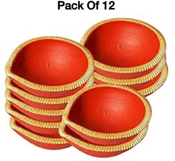 GURUMU Handmade Mitti Diya/Earthen Clay Diya/ for Pooja Earthenware (Pack of 12) Table Diya Set