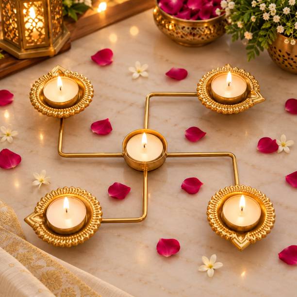 ASDM Golden Metal swastik Diya Holder Set for Diwali Pooja Home Table Decor Iron Table Diya Set