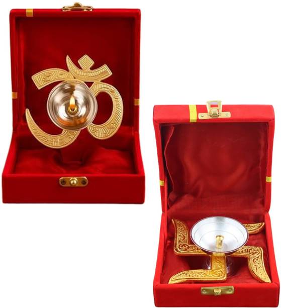 Flickkerbox Metal Om and Swastik Diya, Brass (Pack of 2) Table Diya