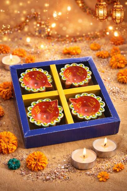 MittiDiya Handcraft Terracotta Decorative Diya Set |Colorful Designer Diyas-Diwali &Pooja| Terracotta (Pack of 4) Table Diya Set