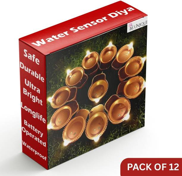 BE UNIQUE Water Sensor LED Diya Set Ultra Bright Decorative Diyas for Festivals Plastic (Pack of 12) Table Diya