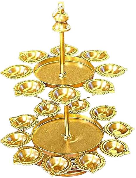 Vibgyor Products Metal Decorative Urli Bowl with Diya Stand for Floating Flowers Brass Table Diya Set