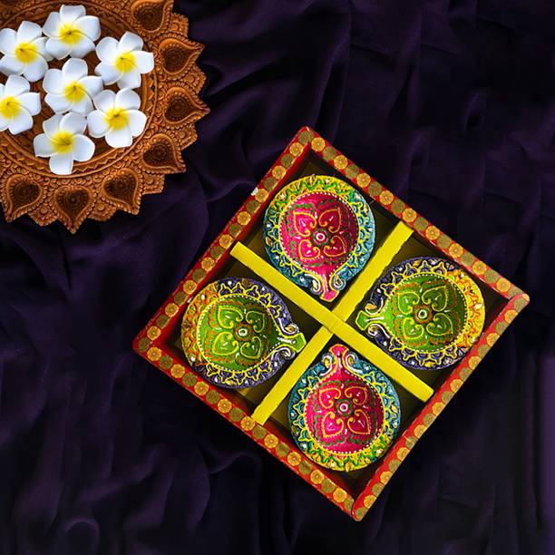 Kreyam's Multicolored Diya For Diwali Pooja set 4 Earthenware (Pack of 4) Table Diya Set