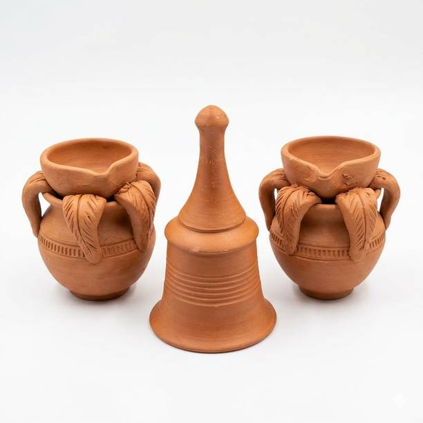 ChellaCart Kumbam Vilaku and Bell Terracotta (Pack of 3) Table Diya Set