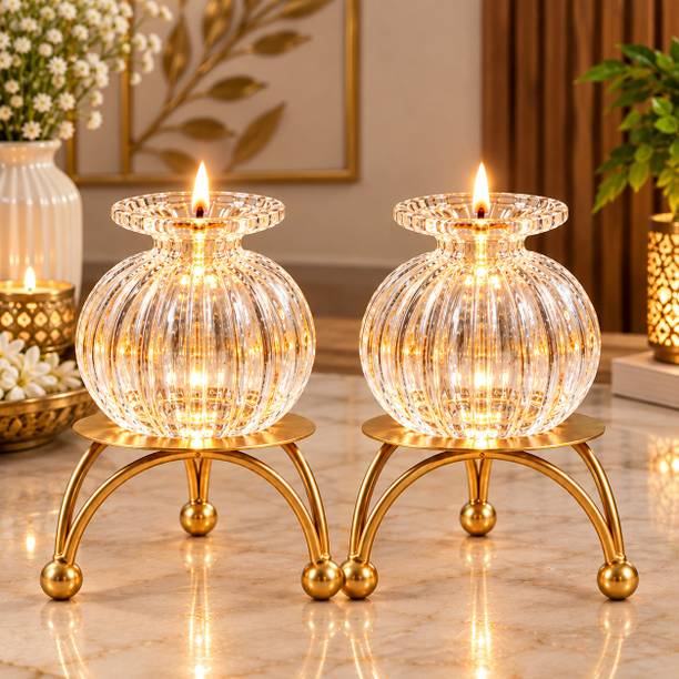 parth Modak Diya with Metal Stand Pack of 2 for Pooja Diwali Festival Home Decor Glass (Pack of 2) Table Diya