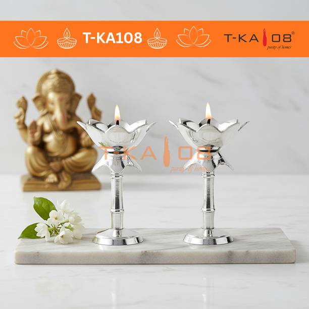 T-KA108 4 Inch Brass Kamal Stand in German Silver – Lotus Pooja & Decorative Base Brass (Pack of 2) Table Diya Set