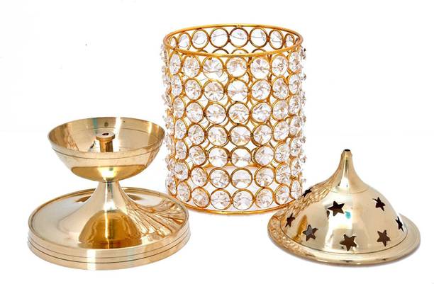 M G TRADING Brass Crystal Oil Lamp Tea Light Holder Lantern Oval Shape Crystal, Brass Tealight Holder