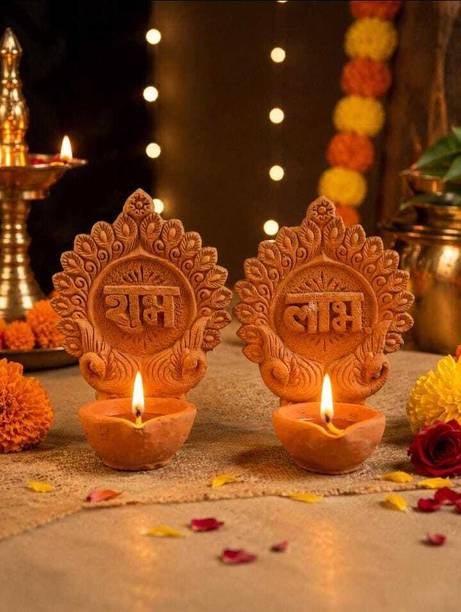 SECONDLIFECYCLE Articled Shubh Labh Earthen Clay Diya Pai Terracotta (Pack of 2) Hanging Diya Set