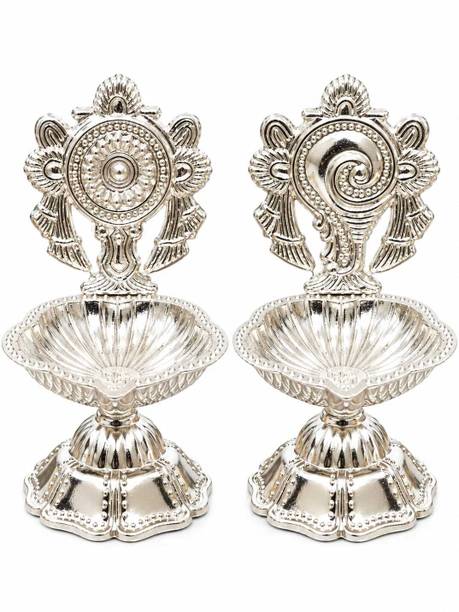 Daily Bhagavatam Premium German Silver Sankha & Chakra Diya Stand Pair for Home Mandir | Silver Plated (Pack of 2) Table Diya