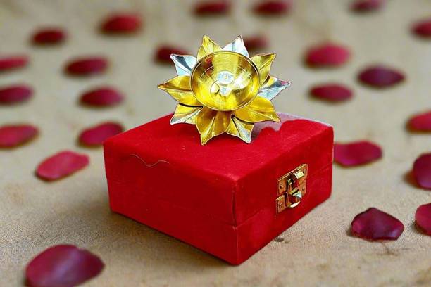 Puja Celebrations 3" Brass Diya Velvet Box Gold Plated, Silver Plated Table Diya
