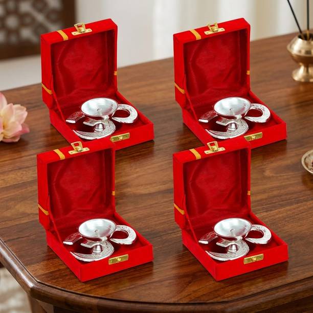 Qadr Craft Premium Silver Finish Om Diya – Decorative Metal Oil Lamp for Pooja & Home Decor Aluminium (Pack of 4) Table Diya Set