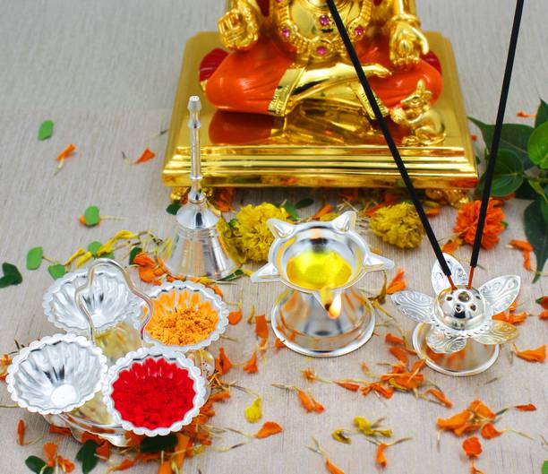 Ojas Combo Puja Set Of 4 Stainless Steel, Silver Plated (Pack of 4) Table Diya