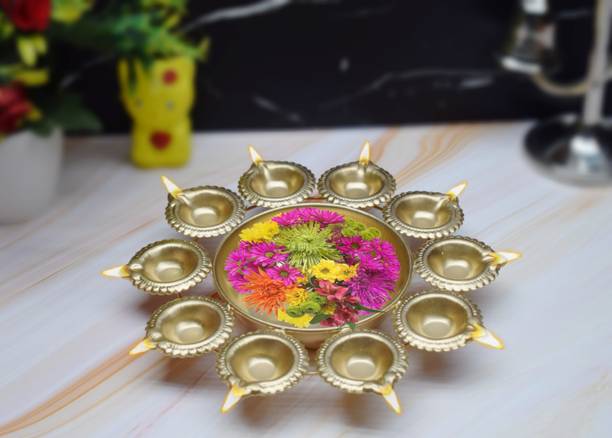 Fashion Bizz Golden Metal Designer Urli with 10 Diyas - Elegant Centerpiece for Decoration Iron Table Diya Set