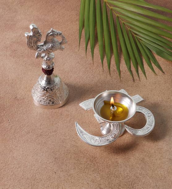 Amaya Decors Om Diya and Bell set of 2 Aluminium (Pack of 2) Table Diya