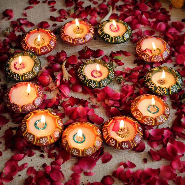 TIED RIBBONS Diwali Matki Wax Candle Clay Diya Lights for Diwali Home Pooja Room Decorations Terracotta (Pack of 12) Table Diya Set
