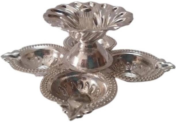 BRASS BLESSING Silver Traditional DIYA Lamp Vilakku for Puja Gifts and Home Decor (1237) Gold Plated Table Diya