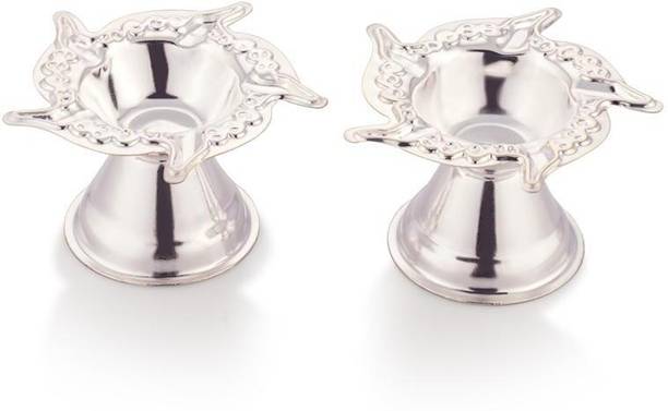 Dynore Stainless Steel Premium Quality Silver Plated Panchmukhi Diya Set Stainless Steel (Pack of 2) Table Diya Set
