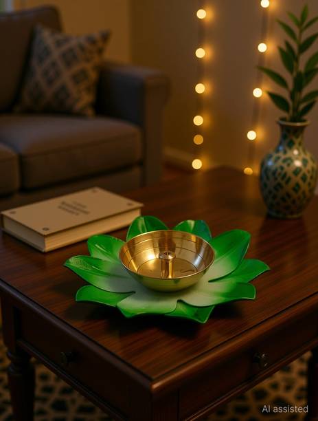 Vintageware Brass and Metal Lotus Shape Deepak Akhand Diya for Puja In-Home & Office (Green) Brass, Iron Table Diya