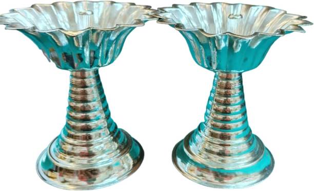 SujArta Diya / Deepam Set (2 ), Premium 4*3*2.5 Inch LOTUS PIPE DIYAS/ Neelajan Set Silver Plated (Pack of 2) Table Diya Set