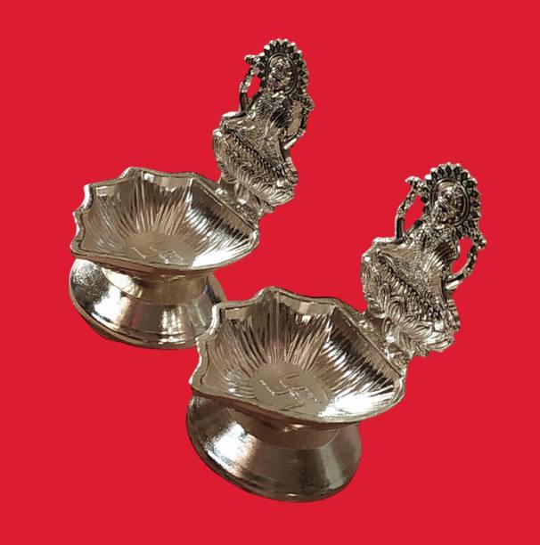 SujArta Diya Set, Lakshmi Deepam / Diya, Set of 2, Premium 3 Inch (H) * 2 Inch (L) Silver Plated (Pack of 2) Table Diya Set
