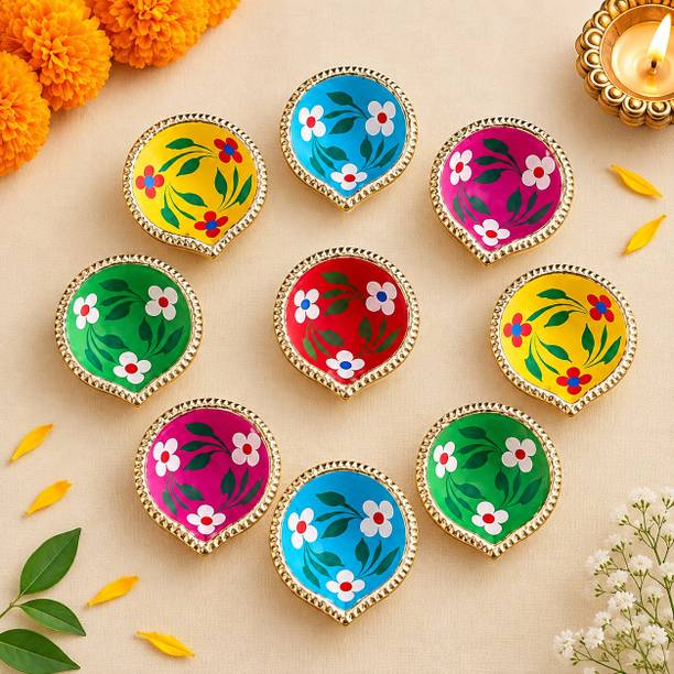 DP Crafts House Handmade Terracotta Painted Diyas | Eco-Friendly Clay Lamps - Diwali Decoration Terracotta (Pack of 9) Table Diya Set
