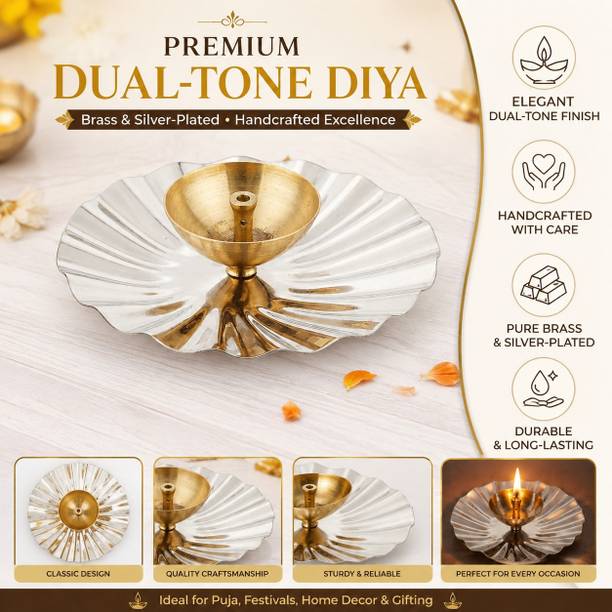 divinevisions Diya Royal Silver & Gold Tone Decorative Oil Lamp for Mandir Decor Aluminium, Brass Table Diya