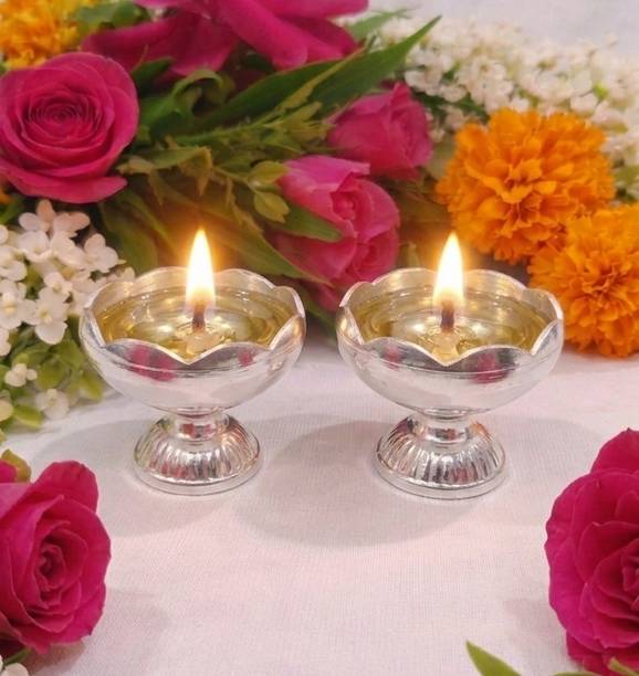 Samukkaras Fashion Samukkaras Pure German Silver Flower Design Diya set / Deepam set Silver (Pack of 2) Table Diya Set