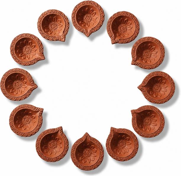 MittiDiya Terracotta Decorative Diya for Puja & Diwali |Traditional Festival Diya Terracotta (Pack of 12) Table Diya Set