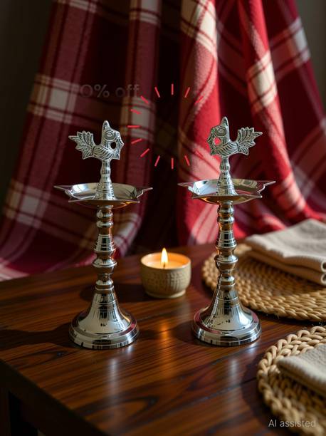 STOTRAM Silver Plated Peacock Mahabharat Kerala Samai Long Diya,Home puja 2 PCS Silver Plated, Brass (Pack of 2) Table Diya Set