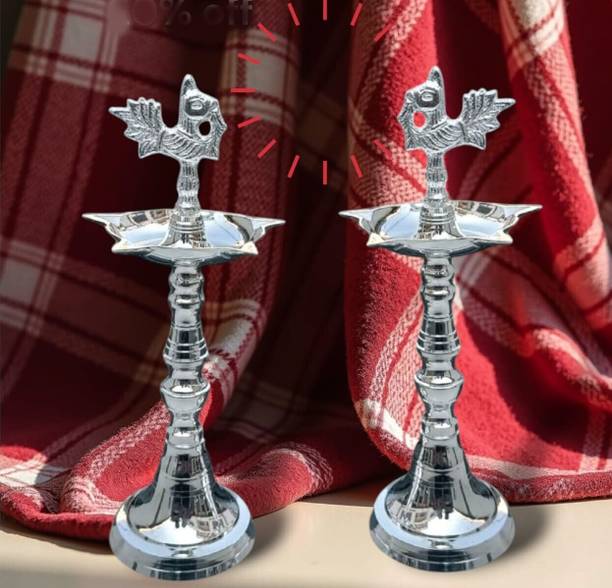 STOTRAM Silver Plated Peacock Mahabharat Kerala Samai Long Diya,Home puja 2 PCS Silver Plated, Brass (Pack of 2) Table Diya Set