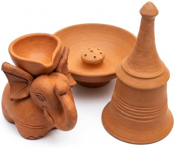 ChellaCart TERRACOTTA POOJA SET Terracotta (Pack of 3) Table Diya Set