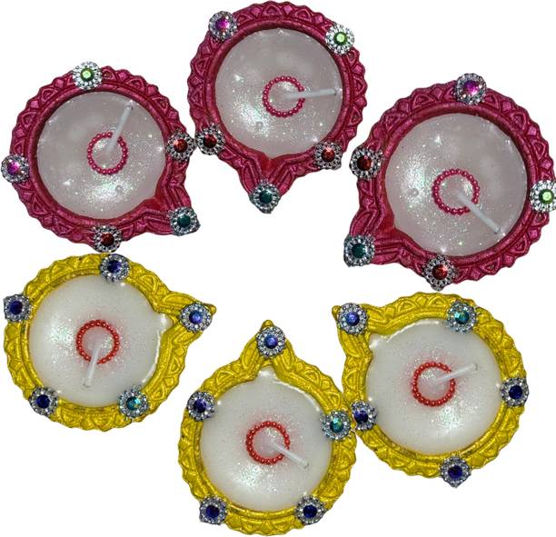 Privana Collections Hand-Painted Wax Diyas – Decorative & Functional for Pooja & Festive Use Earthenware (Pack of 6) Table Diya Set