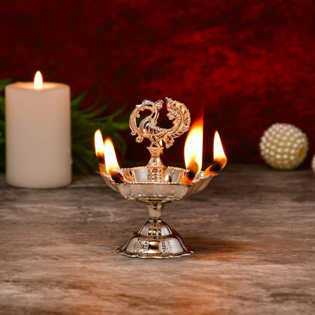 T-KA108 German silver peacock design diya with 4" stand, elegant shiny finish. Brass Table Diya